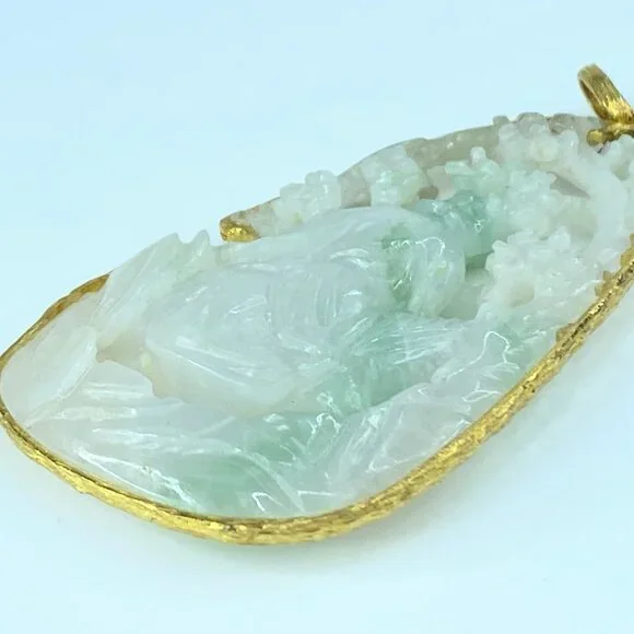 Vintage hand carved Jade custom made 14K pendant 3 1/4" 1 3/4" 32.3g JR8675